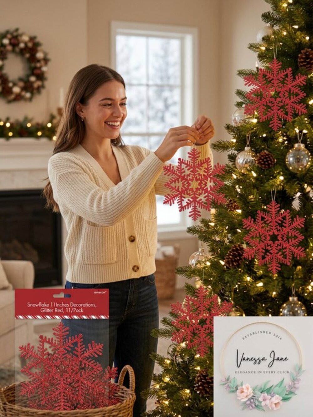 AMSCAN Snowflake 11 Decorations, Glitter Red, 11/Pack
